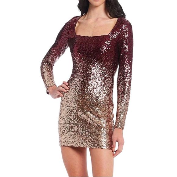 🔥🔥🔥 Xtraordinary Long Sleeve Square Neck Ombré Sequin Dress - Picture 4 of 6